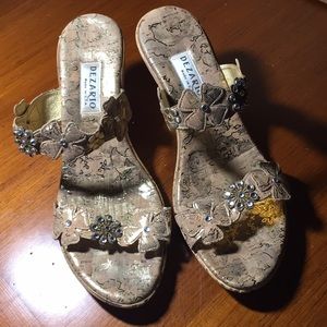 Cork, gold, and rhinestone sandals